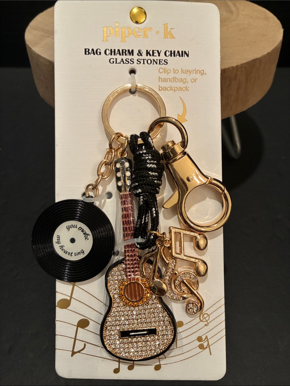 piper•k Gold & Black Musical Guitar and Record Bag Charm Keychain
